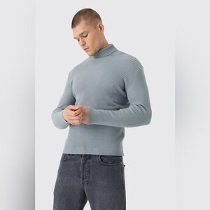 BoohooMAN Muscle Fit Ribbed Knit Roll Neck Turtleneck in Gray